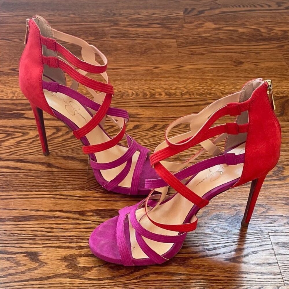 Jessica Simpson Strappy Rainah Red and Purple Faux Suede Heels Size 9.5 - Picture 3 of 11